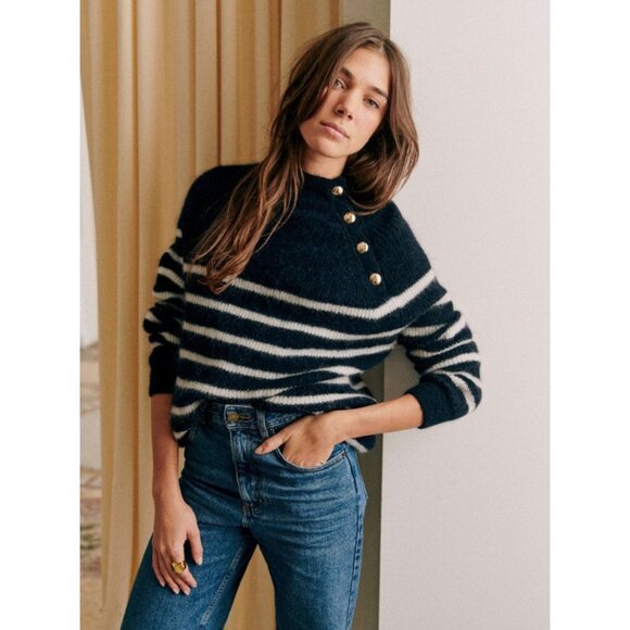 EUC Sezane Trudy Wool Mohair Button Detail Sweater Navy White XXS - Picture 1 of 9